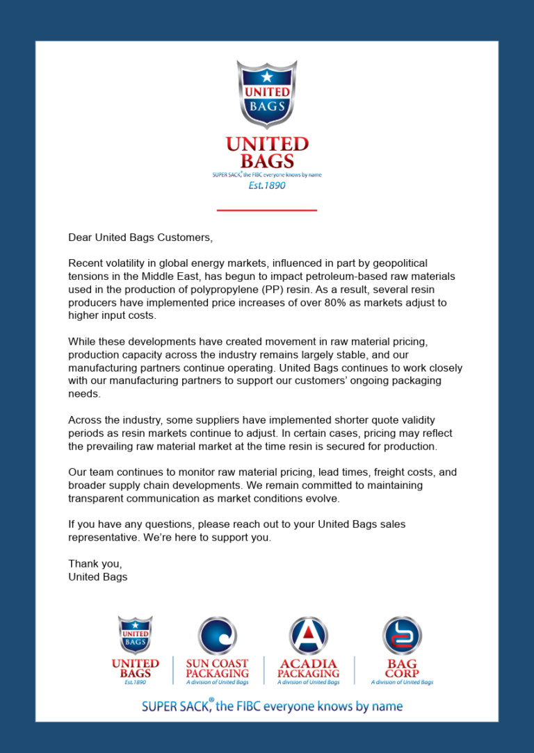 Polypropylene PP resin market update from United Bags