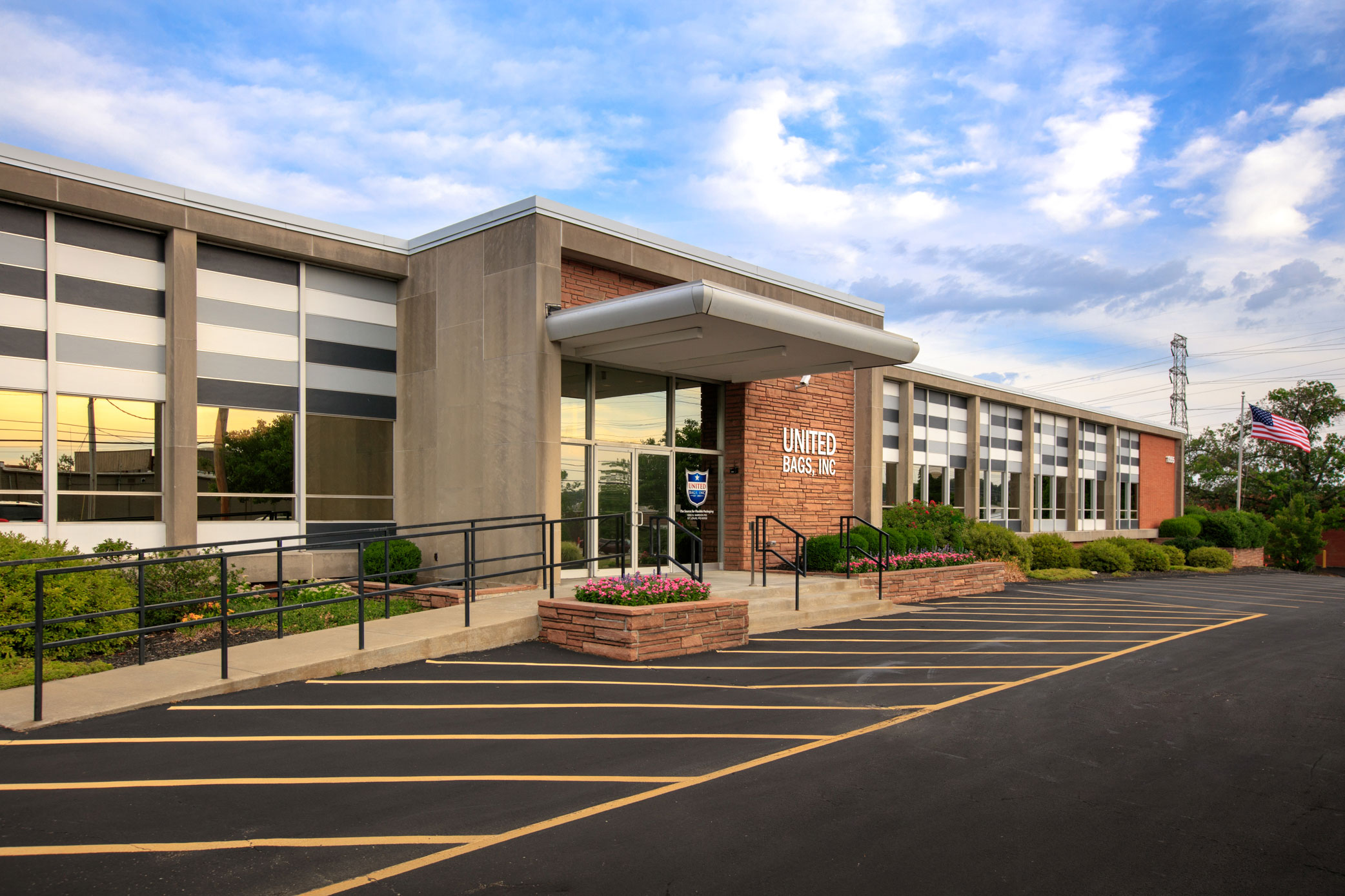 Front view of the United Bags building with company signage.